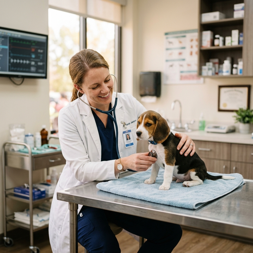 Veterinarian examining a puppy