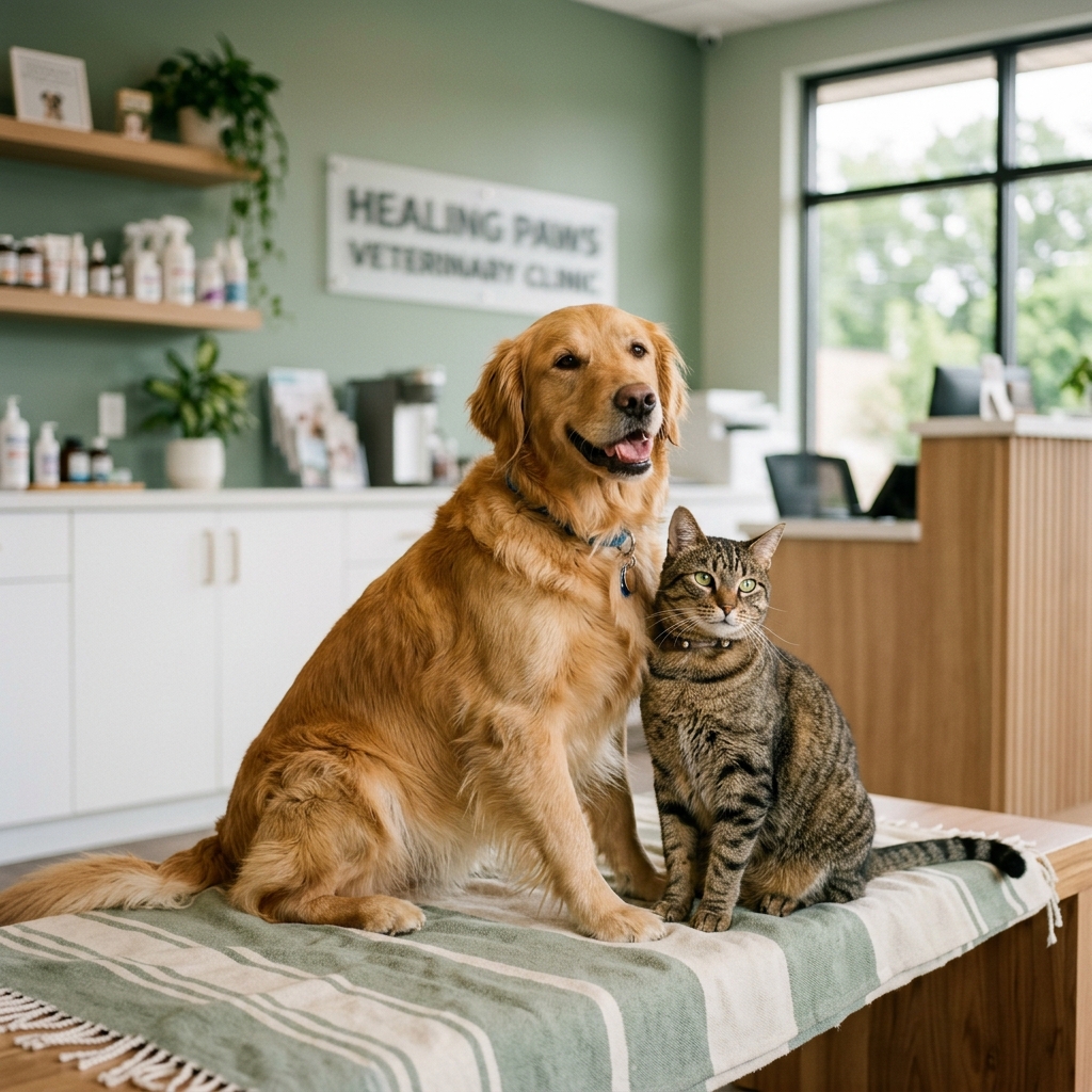 Happy golden retriever and tabby cat at Paws and Whiskers Clinic
